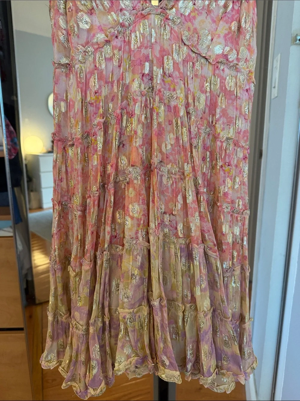 Pink Shimmer Floral Tie-Shoulder Sundress with Yellow Tassels